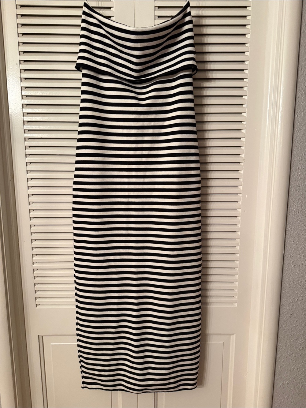 Zara Black and White Striped Off-Shoulder Midi Dress